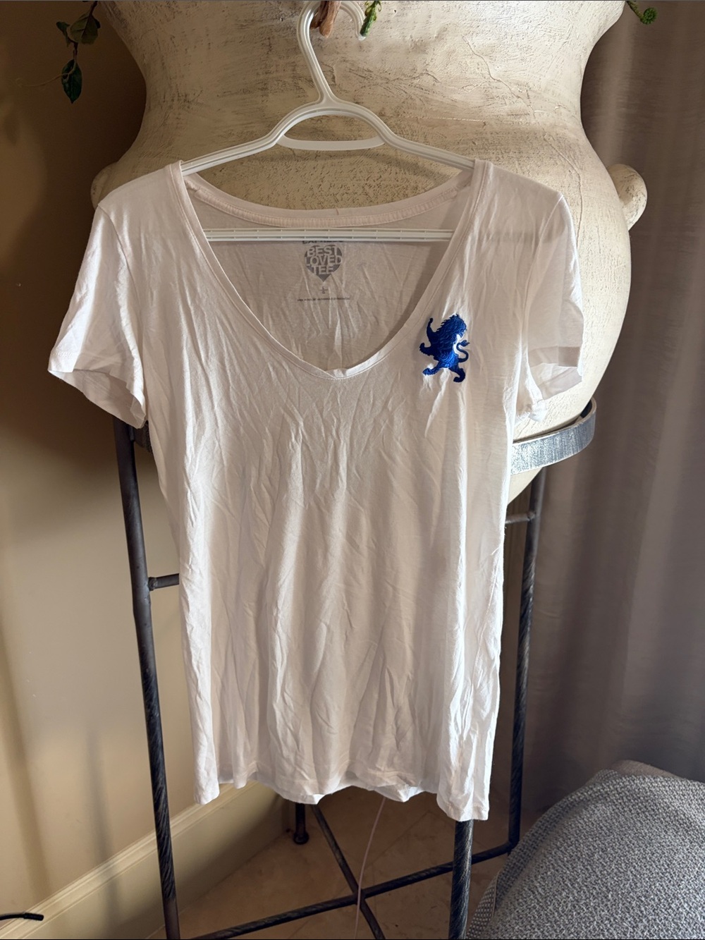 Express White V-Neck Tee with Blue Lion Patch